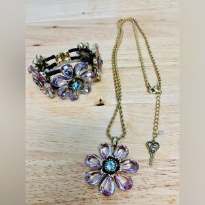 Betsey Johnson Gold and Purple Flower Bracelet and Necklace Set